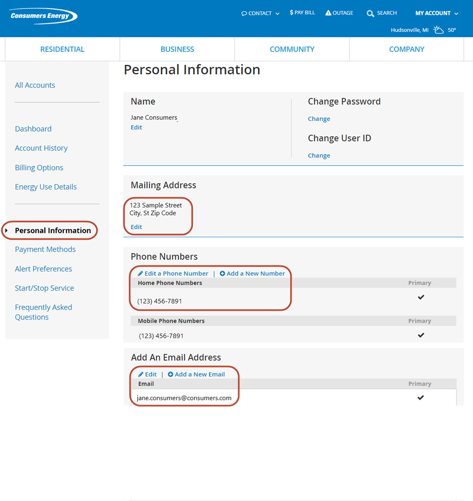 Image of Consumers Energy customer dashboard, with contact update areas highlighted 